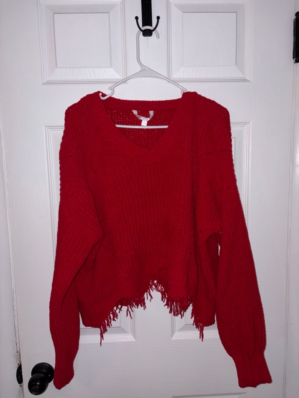 No Boundaries Red Distressed V‑Neck Sweater
